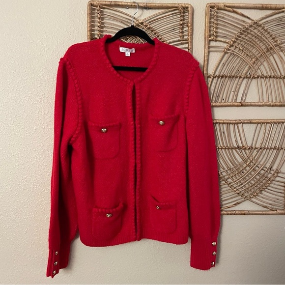 J. Crew Odette Holiday Sweater Cardigan Jacket Red Boucle Knit Gold Button Sz XL - Picture 1 of 13